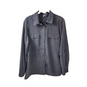 Elementz Womens M Black Roll Tab Sleeve Button Up Collared Shirt Blouse Utility